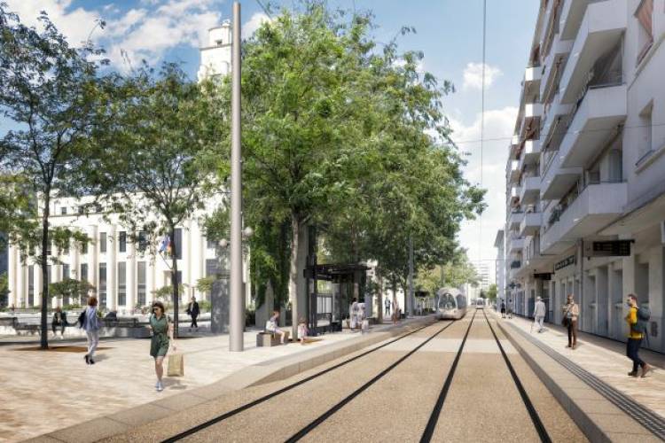 Perspective du tramway T6 sur la rue Paul-Verlaine (à côté de la mairie) ©Ateliers Gautier Conquet.